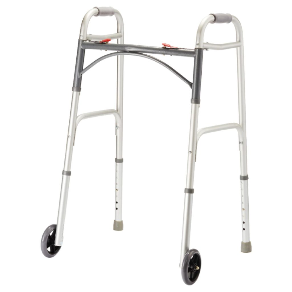Double Button Foldable Aluminum Frame Walker with 2 Wheels